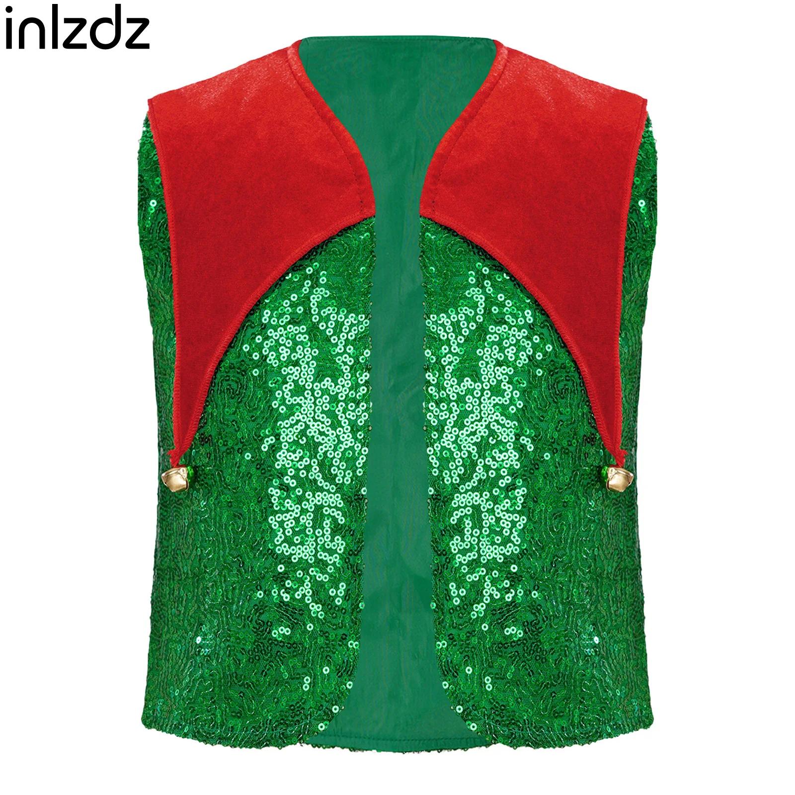 Elf Costume Christmas - เสื้อกั๊กเอลฟ์คริสต์มาสสำหรับเด็กแบบยูนิเซ็กส์ ดีไซน์ไม่สมมาตร ผ้ากำมะหยี่ ประดับเลื่อมระยิบระยับ ด้านหน้าเปิด พร้อมดีไซน์สีตัดกัน