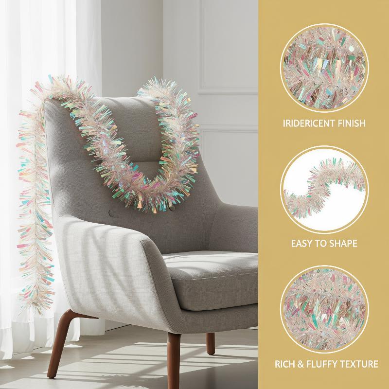 Tinsel Garland Decoration - พวงมาลัยประดับตกแต่งสีเขียวอ่อนเหลือบรุ้ง โฮโลแกรม วิบวับ สำหรับตกแต่งต้นคริสต์มาส งานเลี้ยงออฟฟิศ ปีใหม่