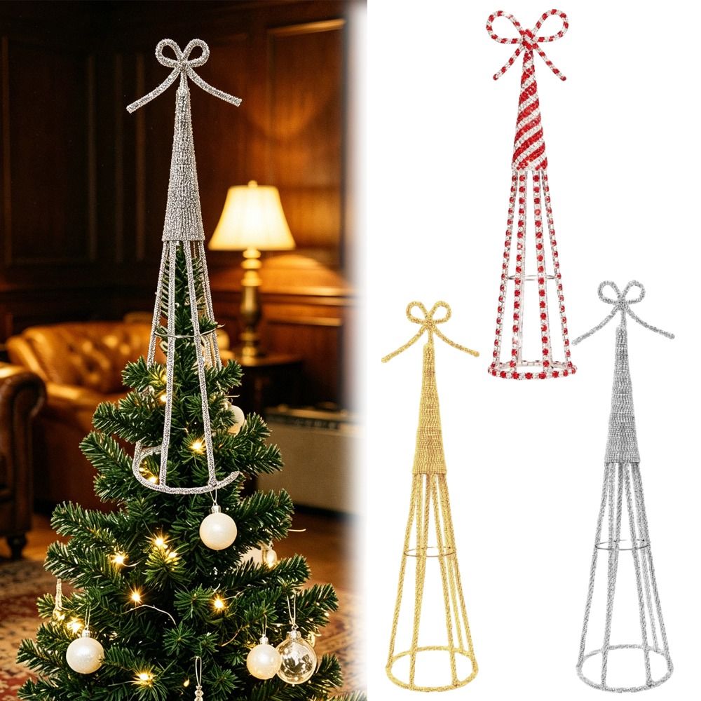 Star Tree Topper - ดาวประดับยอดต้นคริสต์มาสทำจากเหล็กดัด ประดับโบว์คริสตัลและเพชรประดับแวววาว โครงสร้างโลหะ